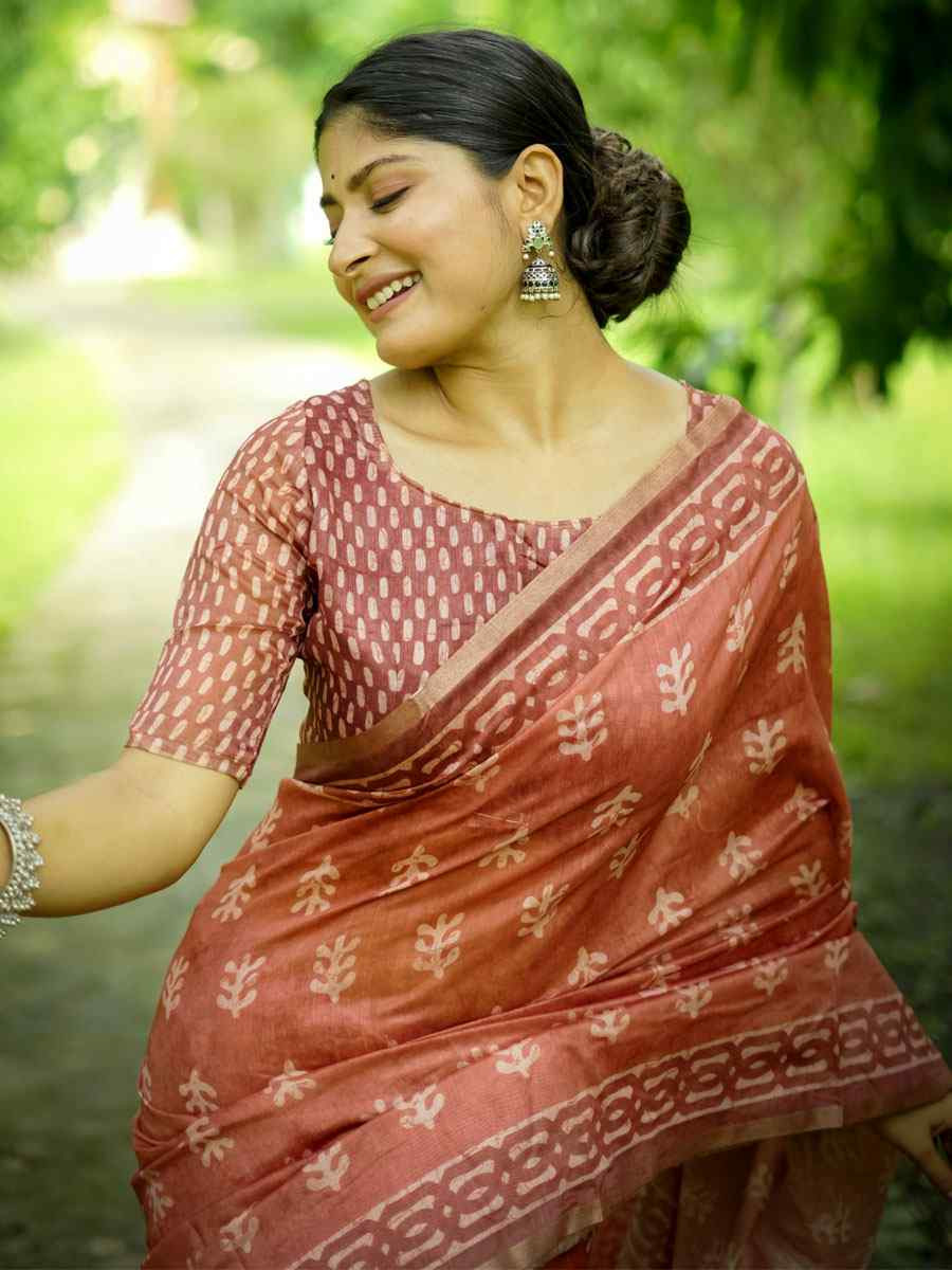 Orange Cotton Printed Casual Reception Festival Wedding Fancy Classic Style Sarees