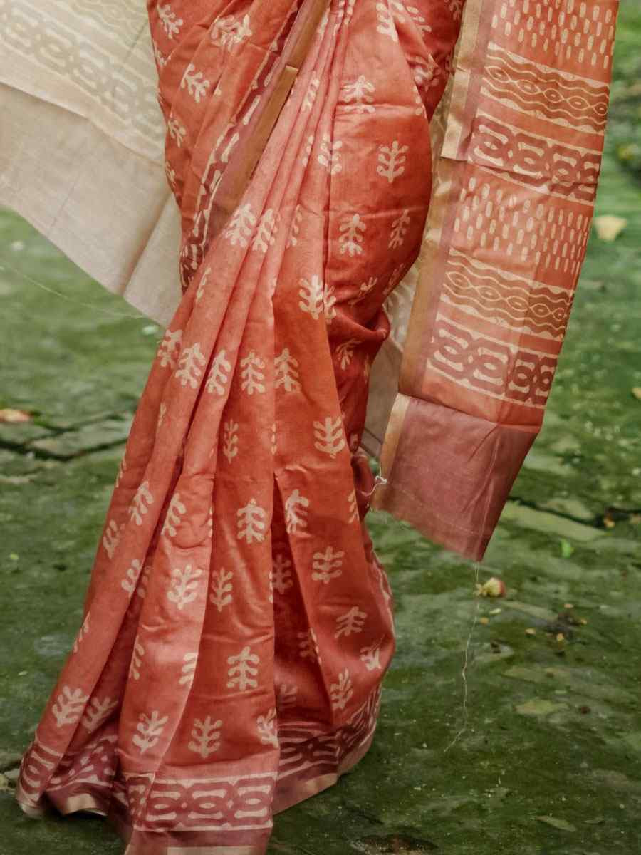 Orange Cotton Printed Casual Reception Festival Wedding Fancy Classic Style Sarees