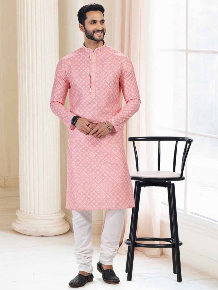 Orange Cotton Printed Festival Mehendi Kurta