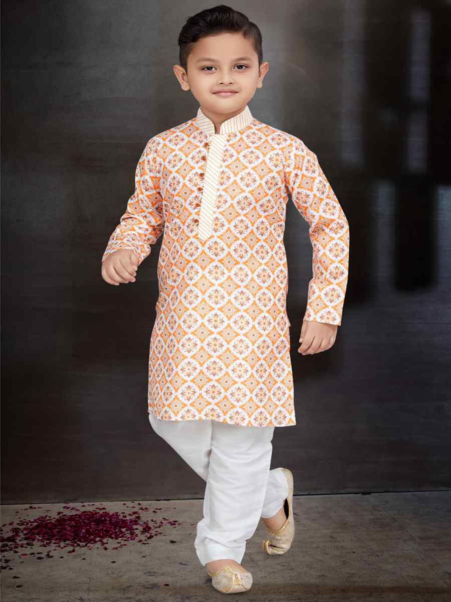 Orange Cotton Printed Festival Traditional Kurta Pyjama Boys Wear
