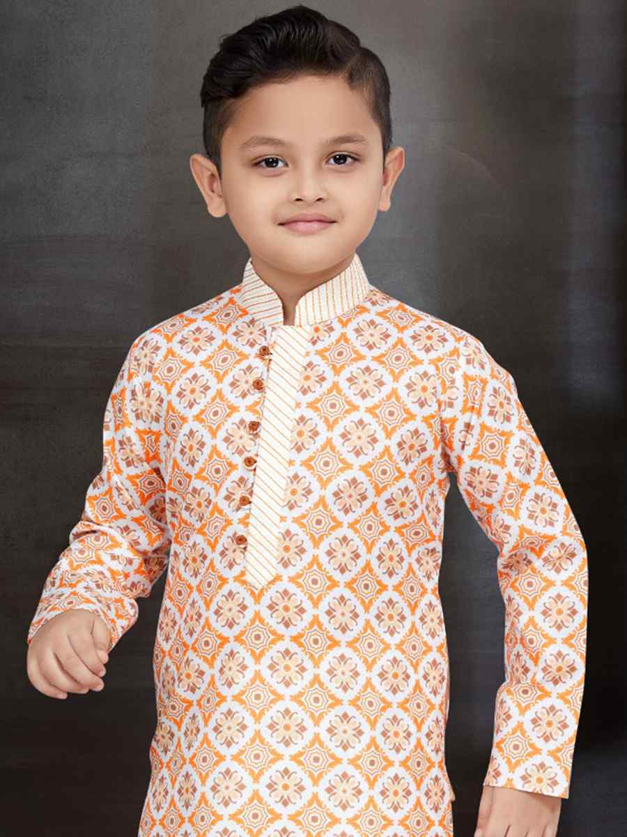 Orange Cotton Printed Festival Traditional Kurta Pyjama Boys Wear