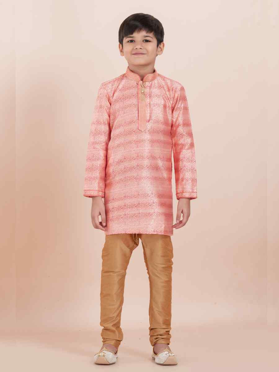 Orange Cotton Self Jacquard Embroidered Festival Traditional Kurta Pyjama Boys Wear