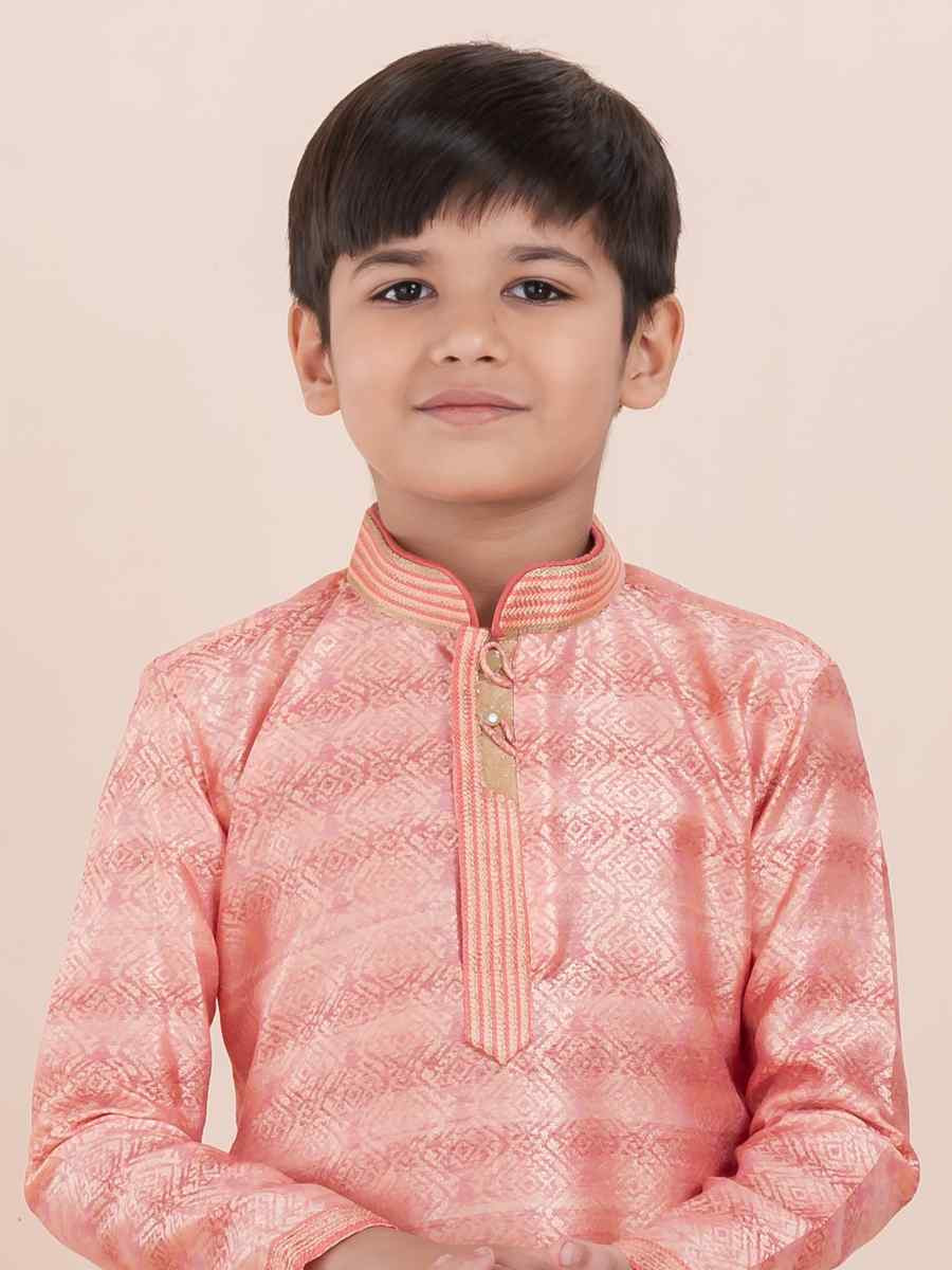 Orange Cotton Self Jacquard Embroidered Festival Traditional Kurta Pyjama Boys Wear