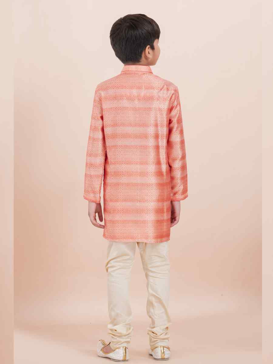 Orange Cotton Self Jacquard Embroidered Festival Traditional Kurta Pyjama Boys Wear