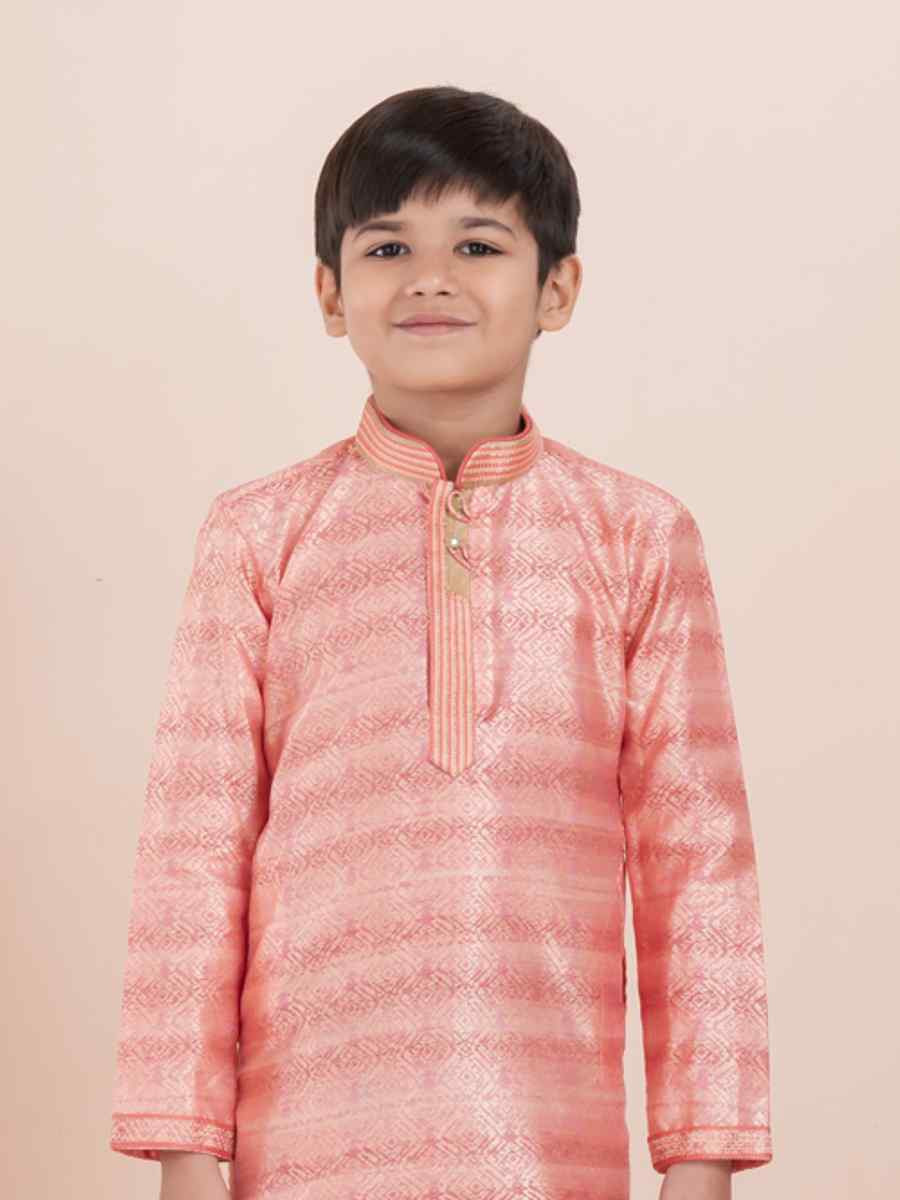 Orange Cotton Self Jacquard Embroidered Festival Traditional Kurta Pyjama Boys Wear