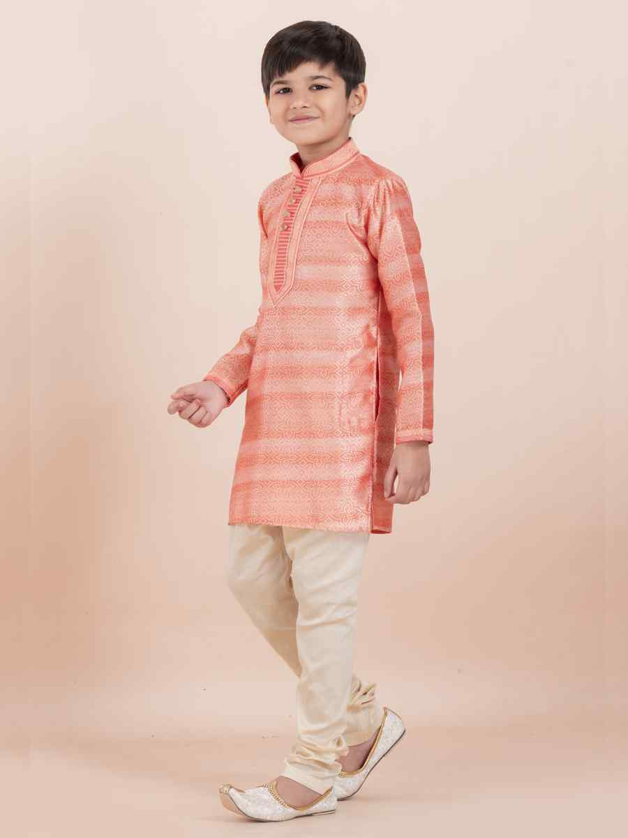 Orange Cotton Self Jacquard Embroidered Festival Traditional Kurta Pyjama Boys Wear
