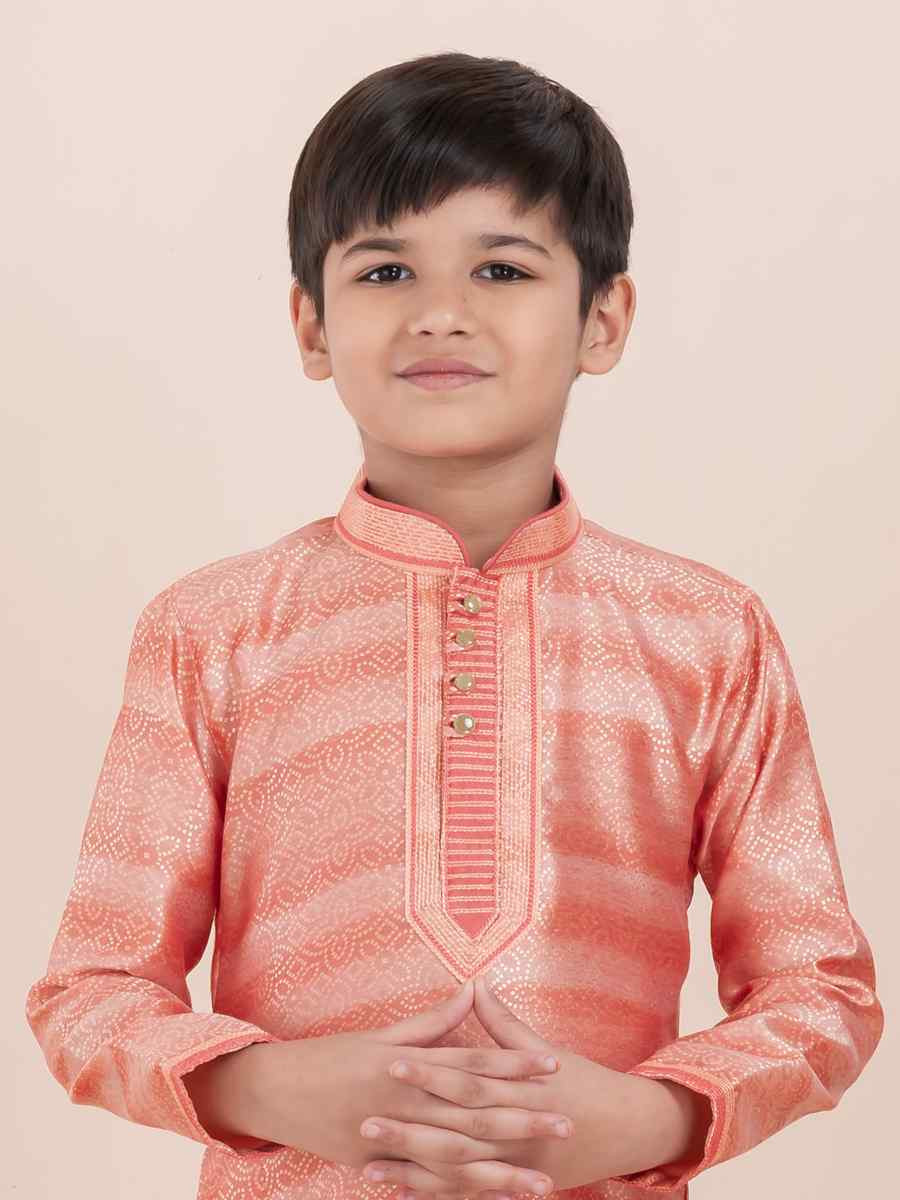Orange Cotton Self Jacquard Embroidered Festival Traditional Kurta Pyjama Boys Wear