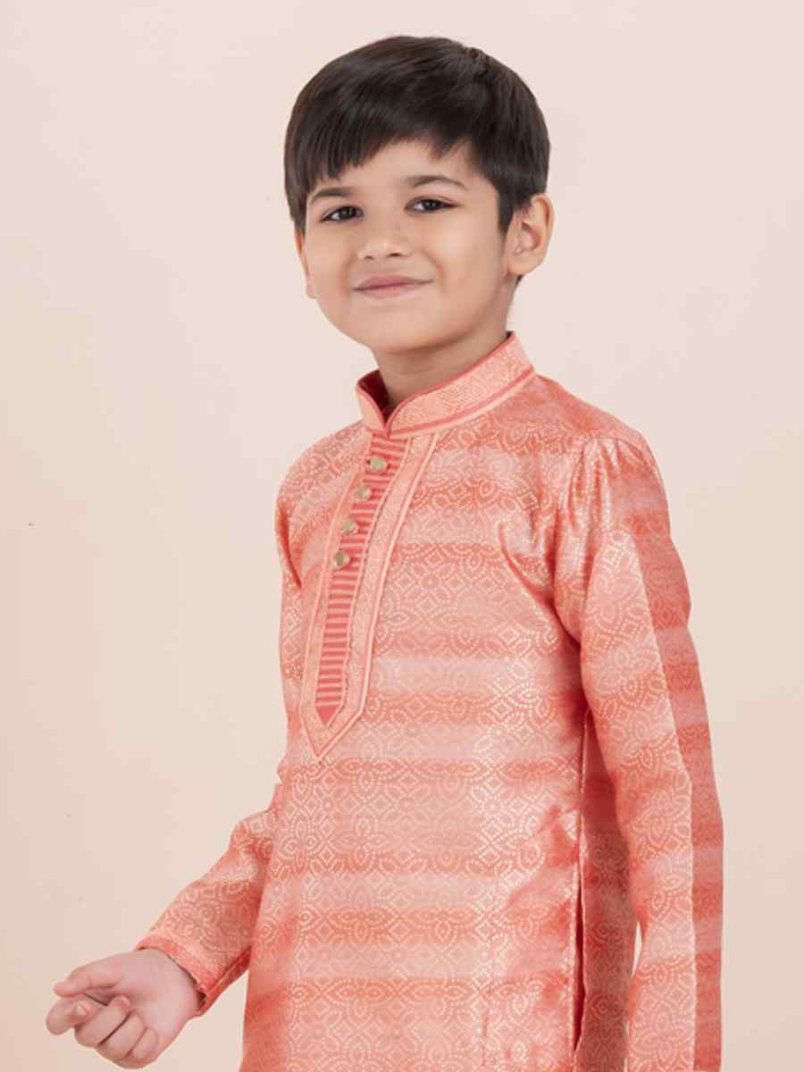 Orange Cotton Self Jacquard Embroidered Festival Traditional Kurta Pyjama Boys Wear