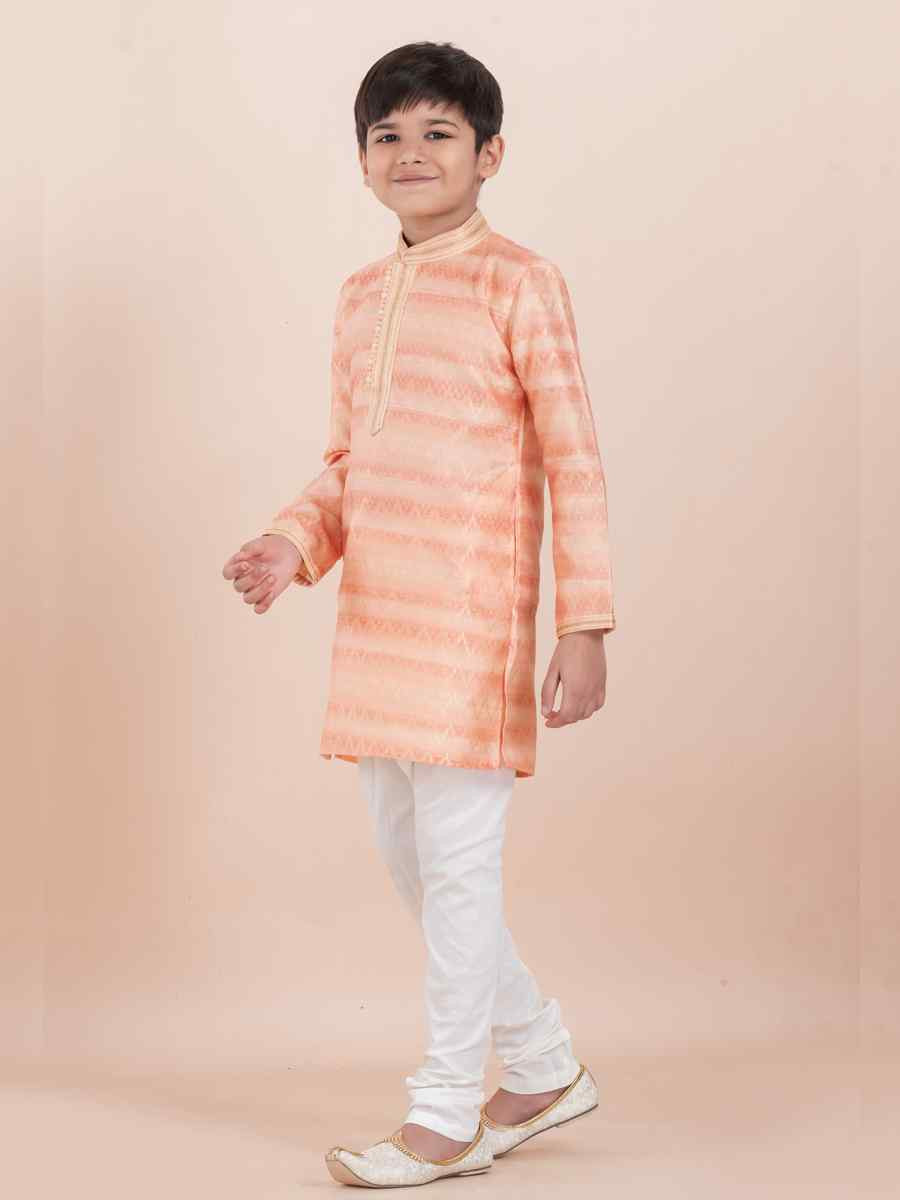 Orange Cotton Self Jacquard Embroidered Festival Traditional Kurta Pyjama Boys Wear