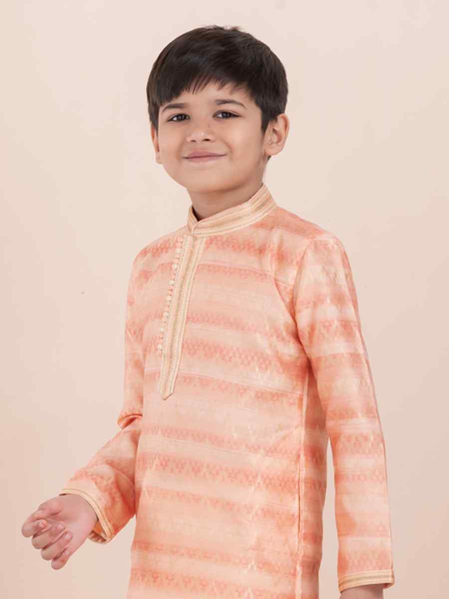 Orange Cotton Self Jacquard Embroidered Festival Traditional Kurta Pyjama Boys Wear