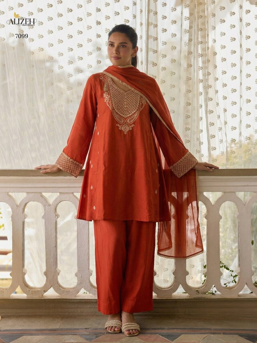 Orange Cotton Silk Embroidery Wedding Party Festival Casual Ready Palazzo Pant Salwar Kameez