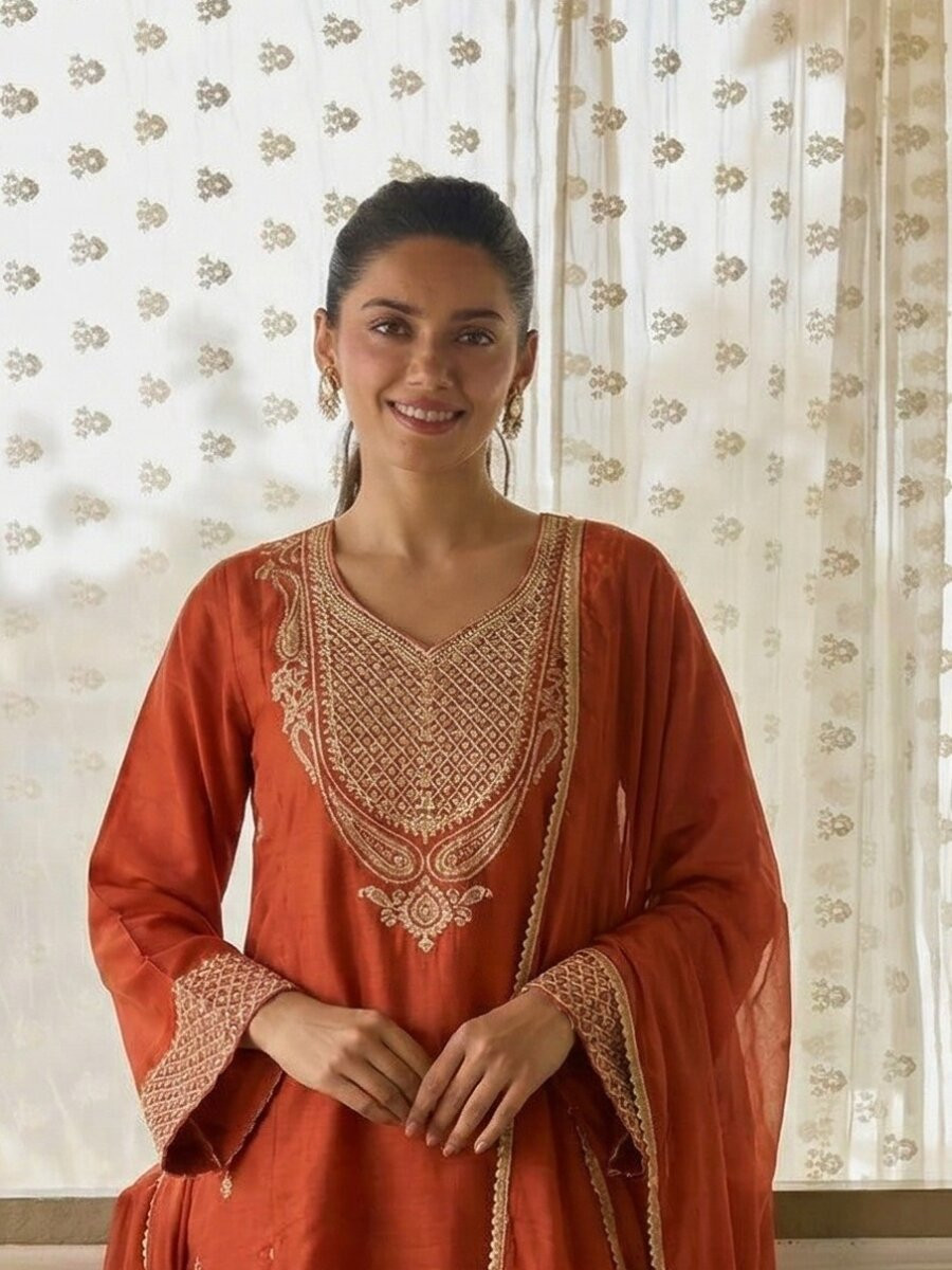 Orange Cotton Silk Embroidery Wedding Party Festival Casual Ready Palazzo Pant Salwar Kameez
