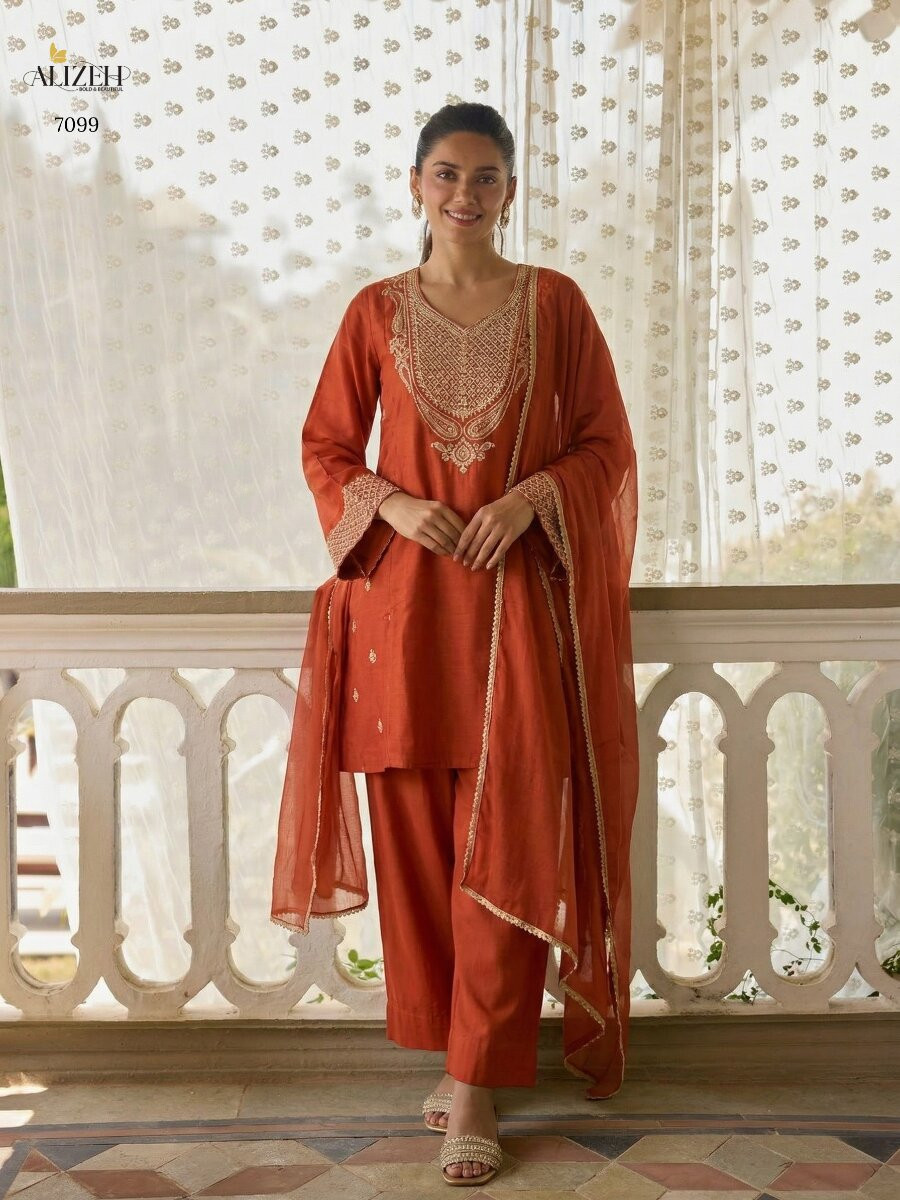 Orange Cotton Silk Embroidery Wedding Party Festival Casual Ready Palazzo Pant Salwar Kameez