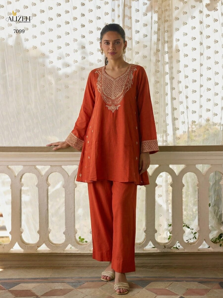 Orange Cotton Silk Embroidery Wedding Party Festival Casual Ready Palazzo Pant Salwar Kameez