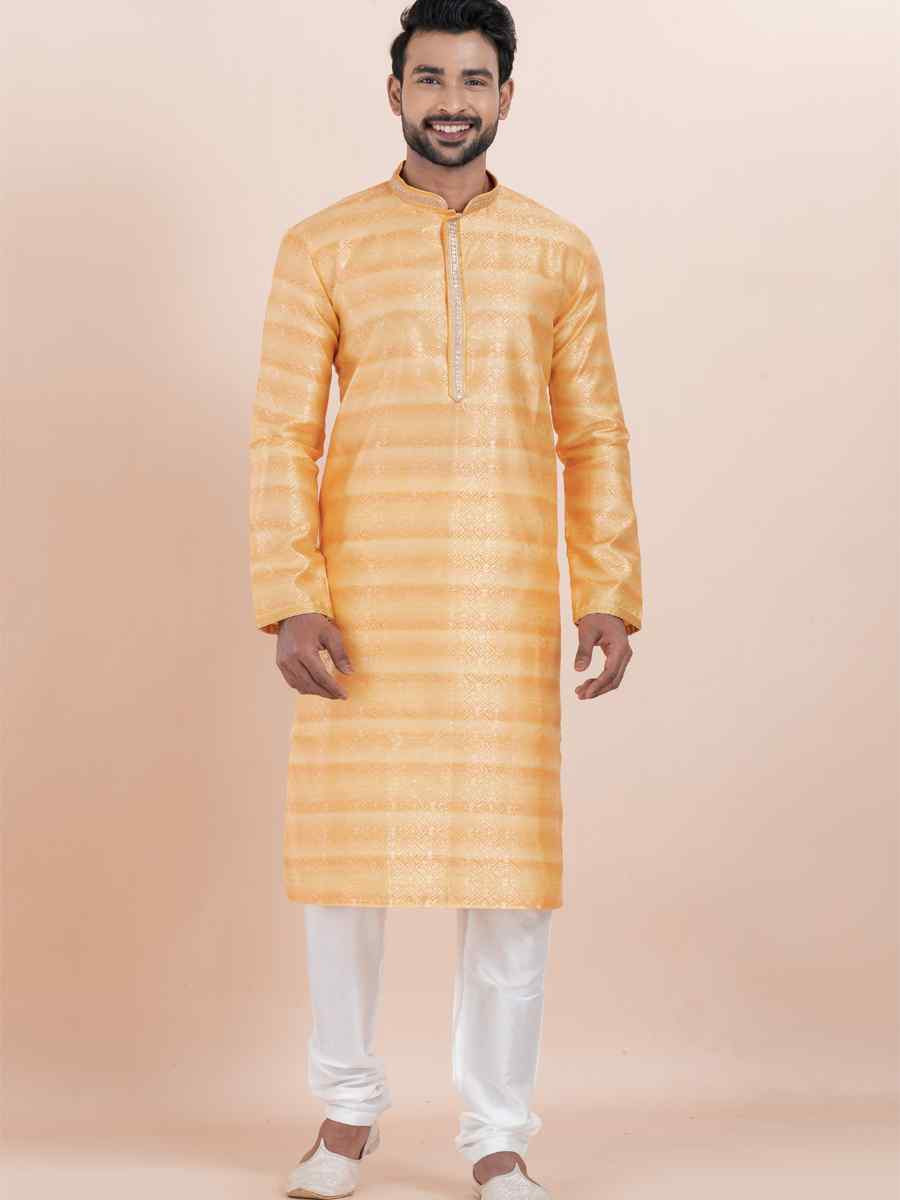 Orange Cotton Silk Jacquard Embroidered Festival Wedding Kurta Pyjama Men039s Wear