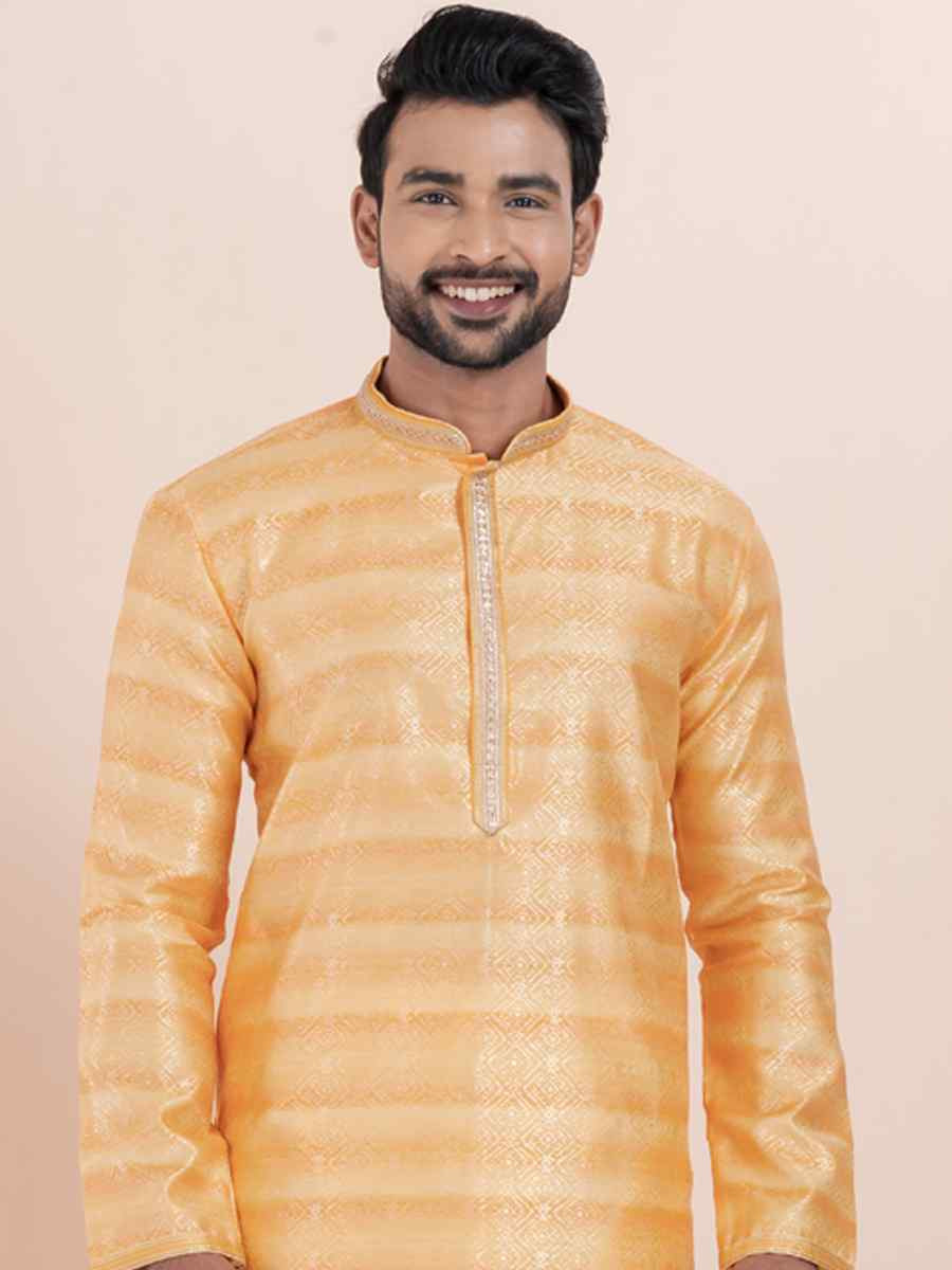 Orange Cotton Silk Jacquard Embroidered Festival Wedding Kurta Pyjama Men039s Wear