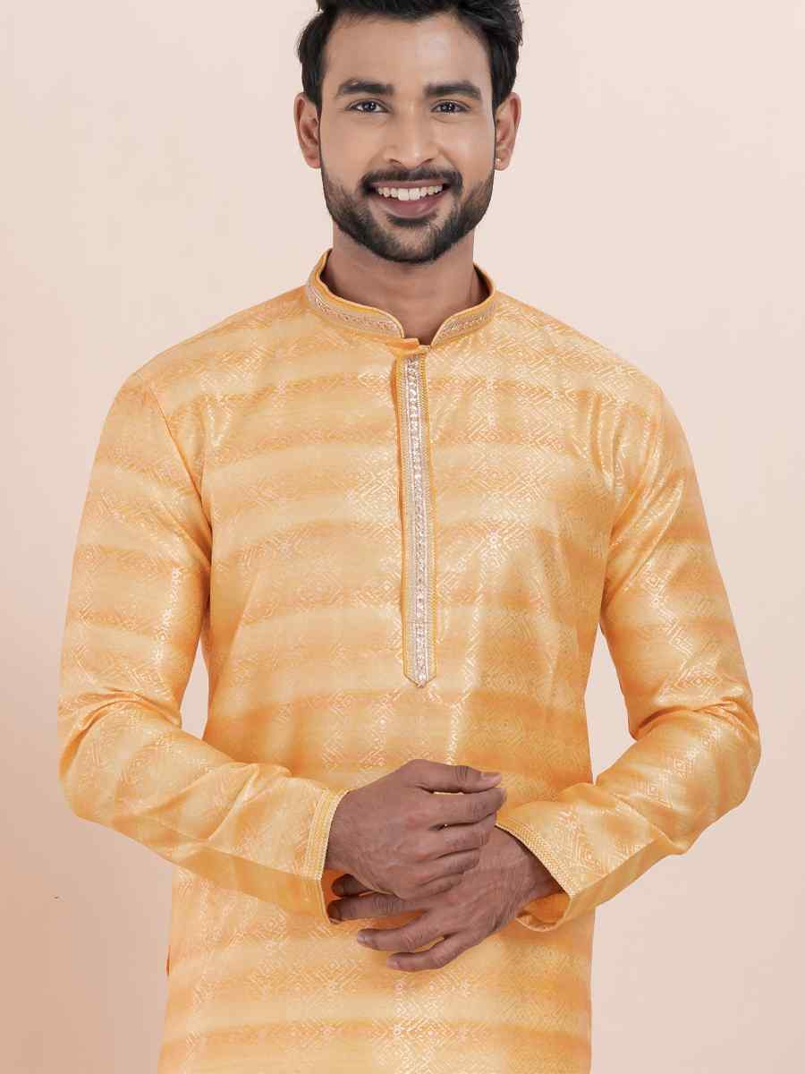 Orange Cotton Silk Jacquard Embroidered Festival Wedding Kurta Pyjama Men039s Wear