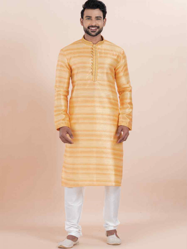Orange Cotton Silk Jacquard Embroidered Festival Wedding Kurta Pyjama Men&#039;s Wear