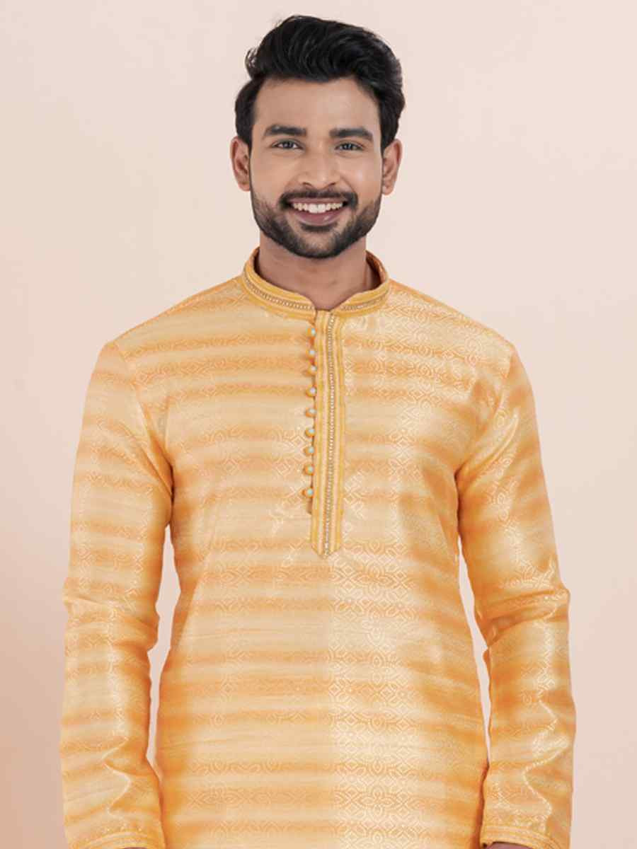Orange Cotton Silk Jacquard Embroidered Festival Wedding Kurta Pyjama Men039s Wear