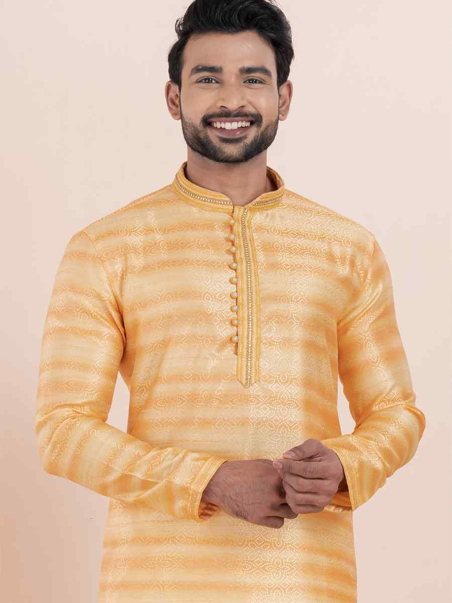 Orange Cotton Silk Jacquard Embroidered Festival Wedding Kurta Pyjama Men039s Wear