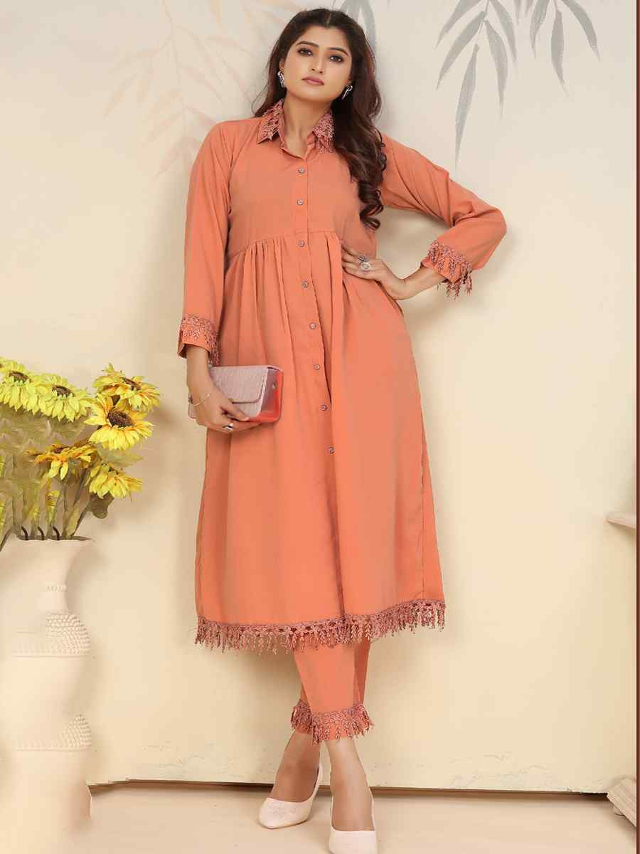 Orange Cotton Solid Festival Casual Kurti