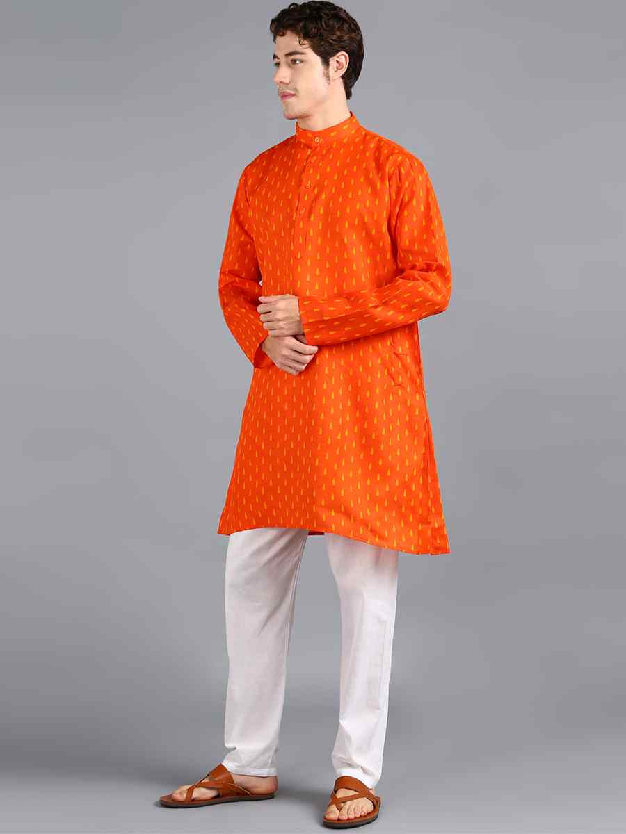 Orange Cotton Woven Festival Kurta