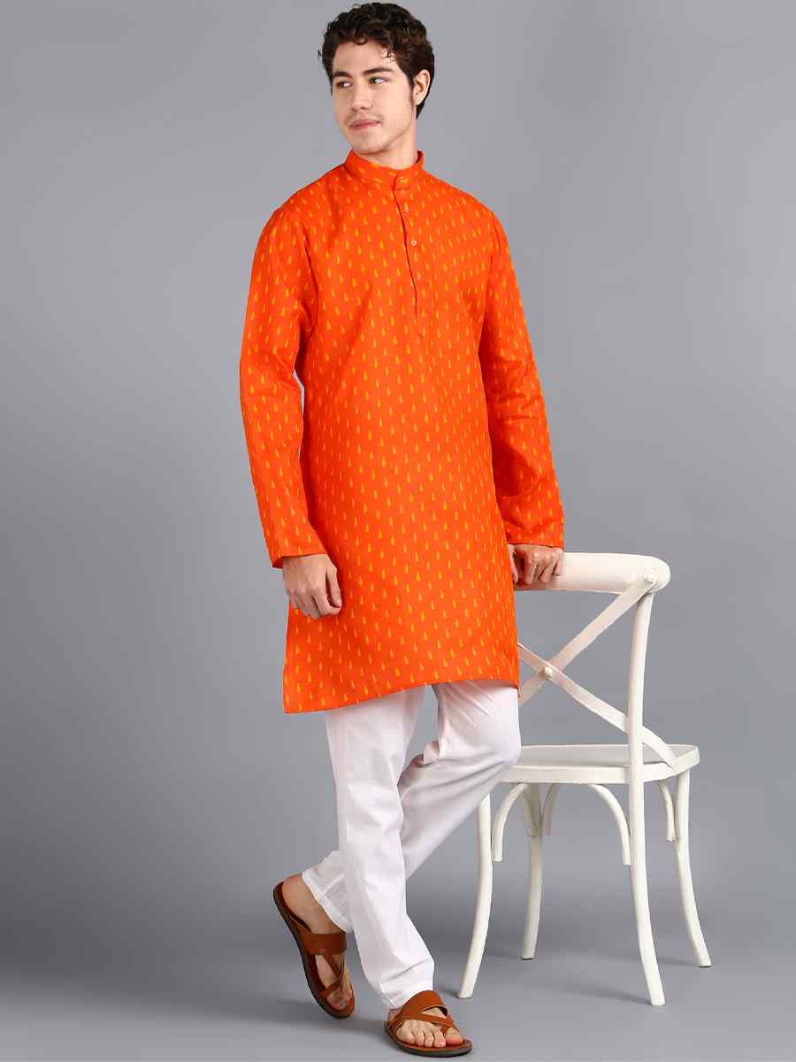 Orange Cotton Woven Festival Kurta