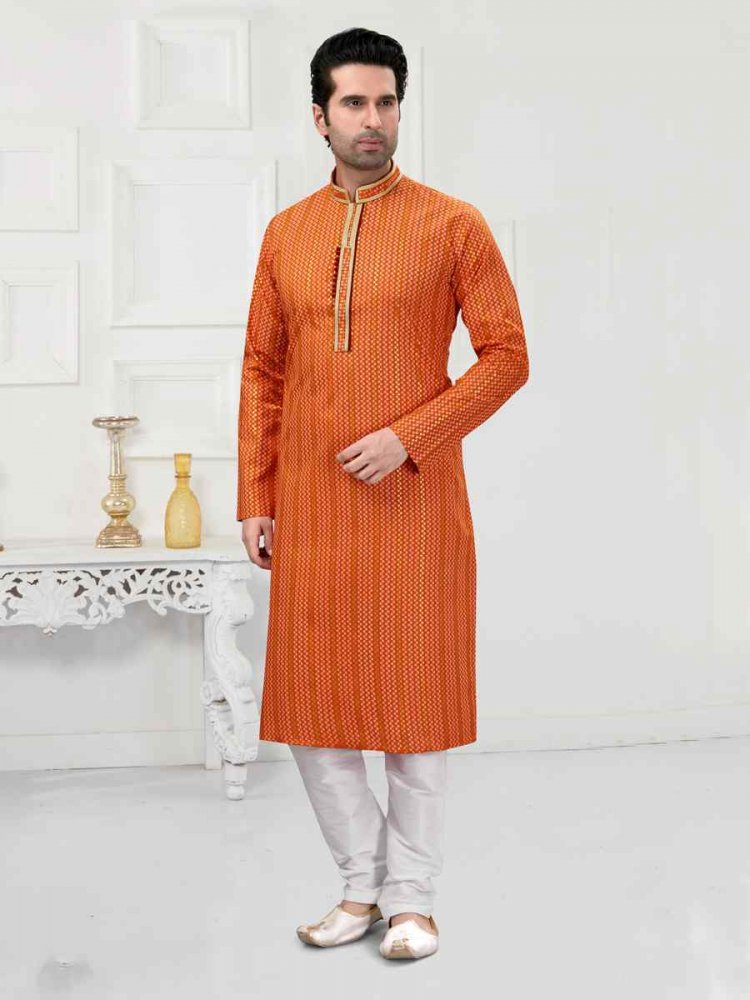 Orange Cotton Woven Festival Wedding Kurta