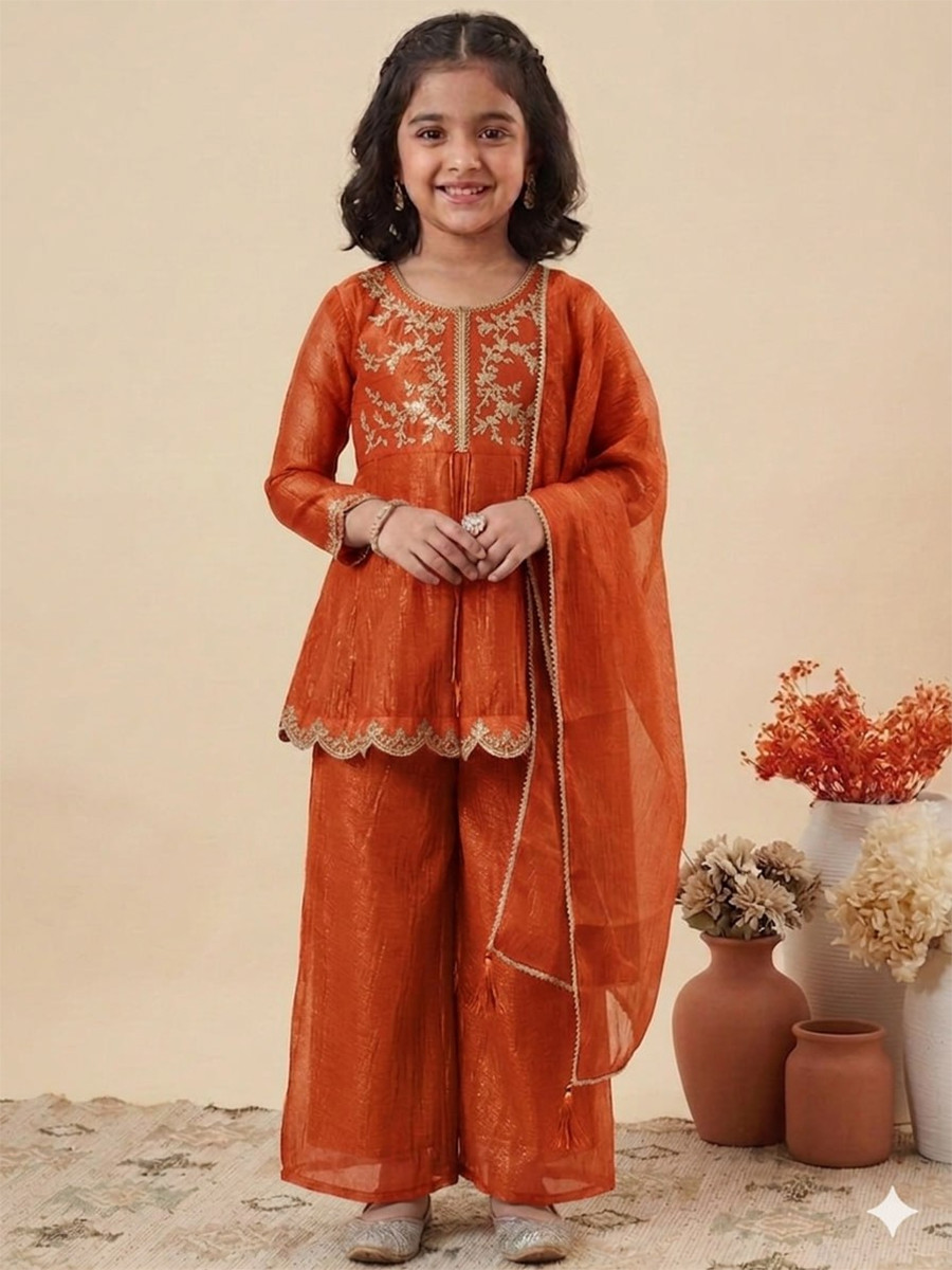 Orange Crunchy Silk Embroidered Ethnic Casual Festival Party Wedding Salwars Girls Wear