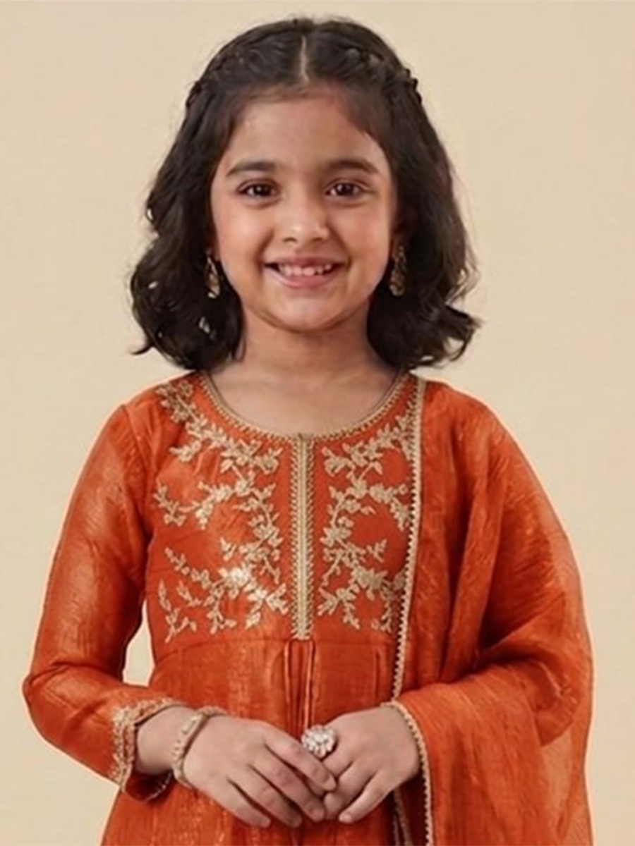 Orange Crunchy Silk Embroidered Ethnic Casual Festival Party Wedding Salwars Girls Wear