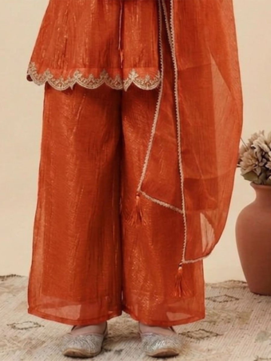 Orange Crunchy Silk Embroidered Ethnic Casual Festival Party Wedding Salwars Girls Wear