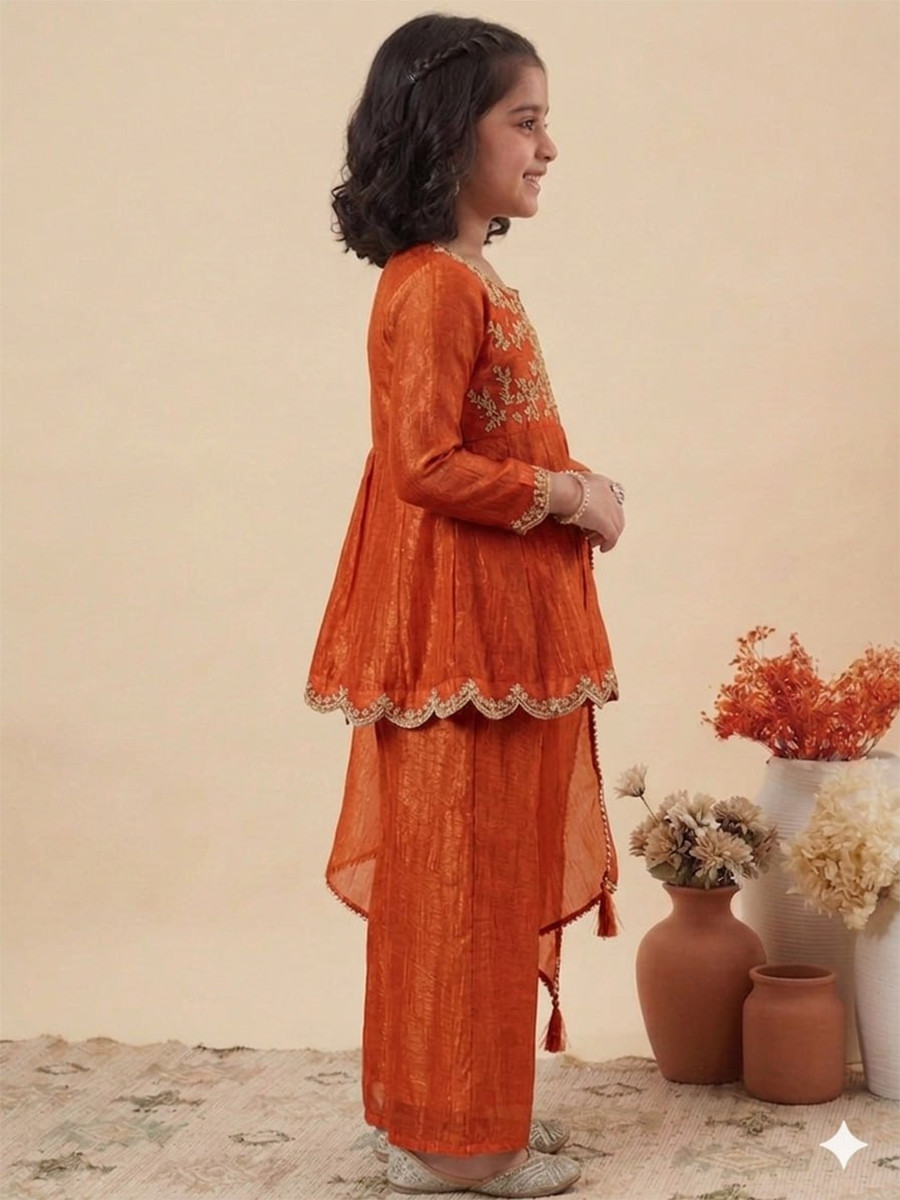 Orange Crunchy Silk Embroidered Ethnic Casual Festival Party Wedding Salwars Girls Wear