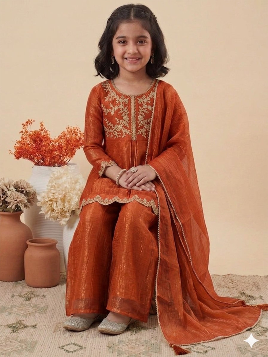 Orange Crunchy Silk Embroidered Ethnic Casual Festival Party Wedding Salwars Girls Wear