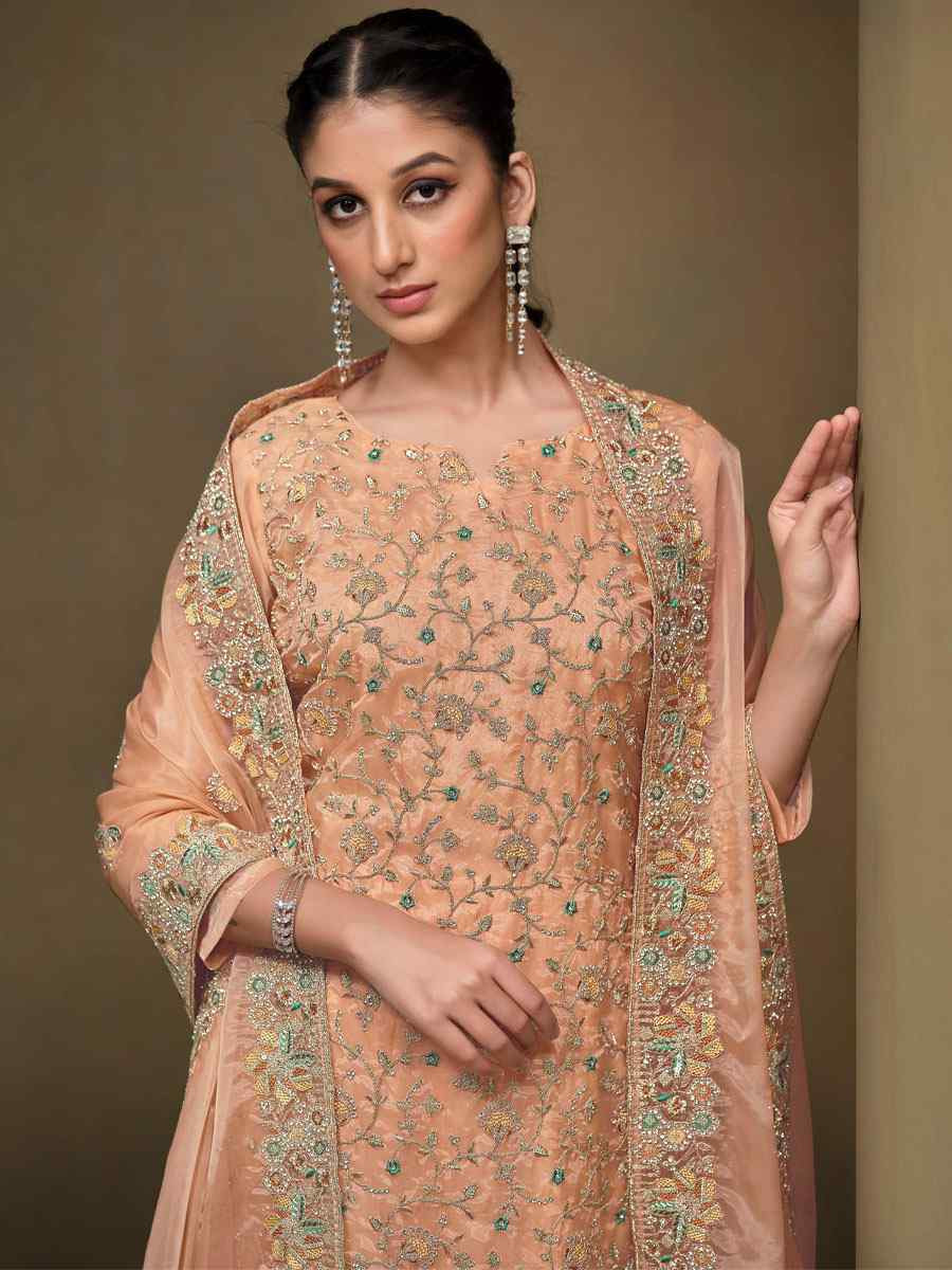 Orange Crystal Organza Embroidered Casual Festival Pant Salwar Kameez