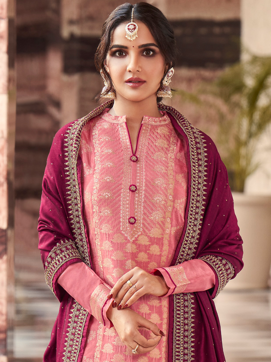 Orange Dola Jacquard Embroidered Festival Party Pant Bollywood Style Salwar Kameez