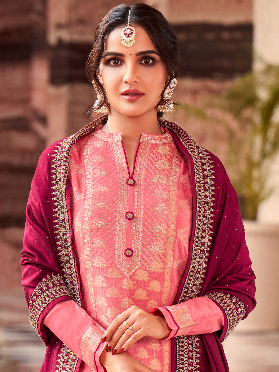 Orange Dola Jacquard Embroidered Festival Party Pant Bollywood Style Salwar Kameez