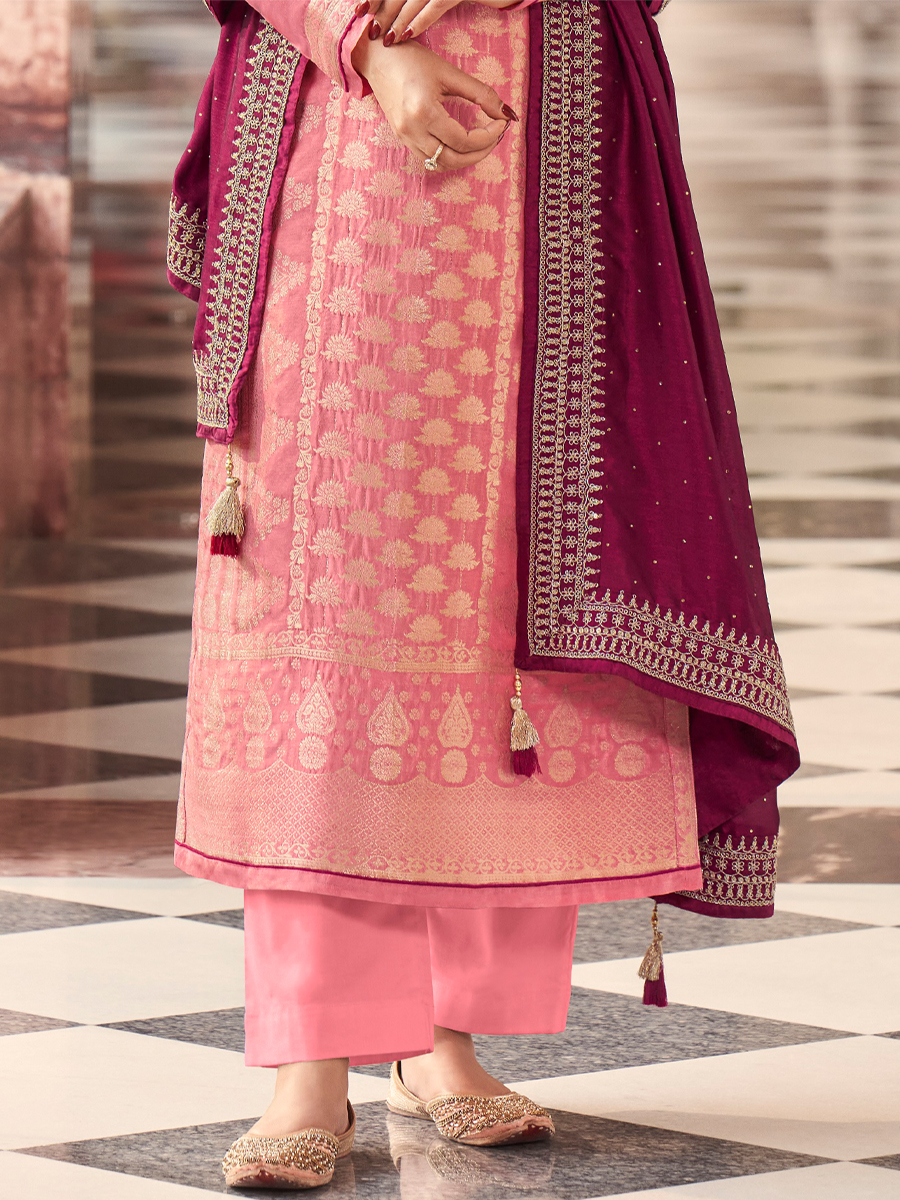 Orange Dola Jacquard Embroidered Festival Party Pant Bollywood Style Salwar Kameez