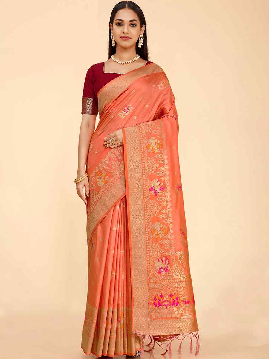 Orange Dola Silk Handwoven Wedding Festival Heavy Border Saree