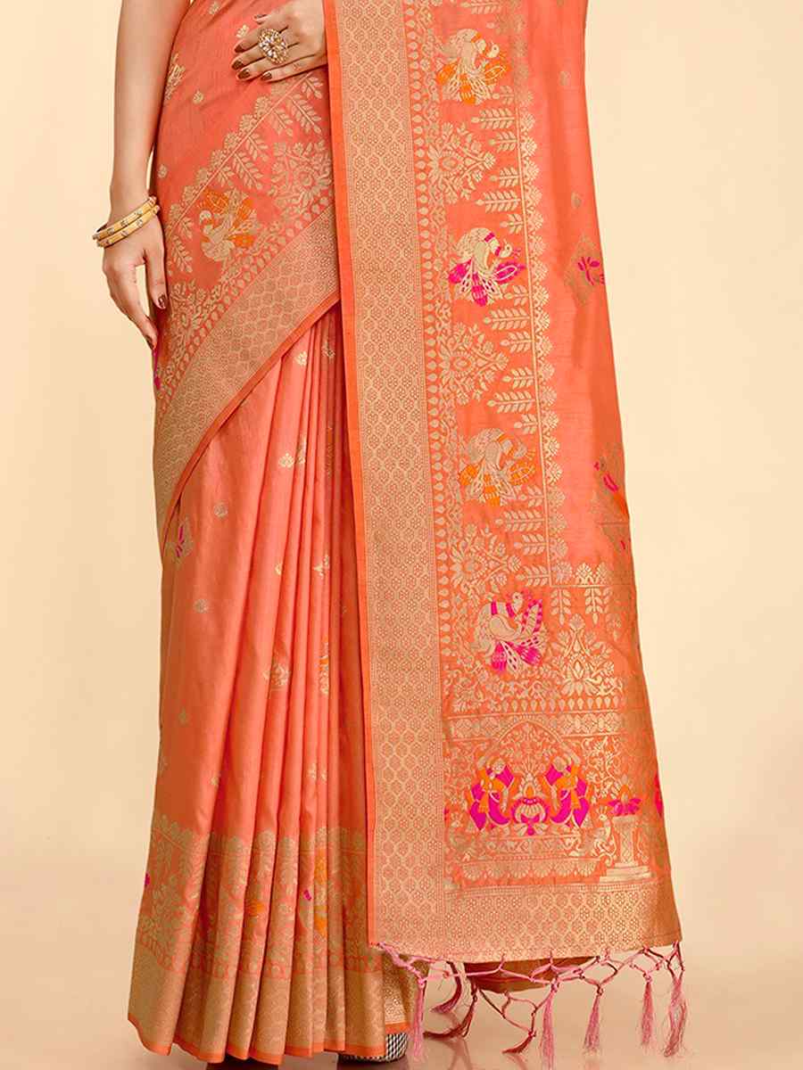 Orange Dola Silk Handwoven Wedding Festival Heavy Border Saree