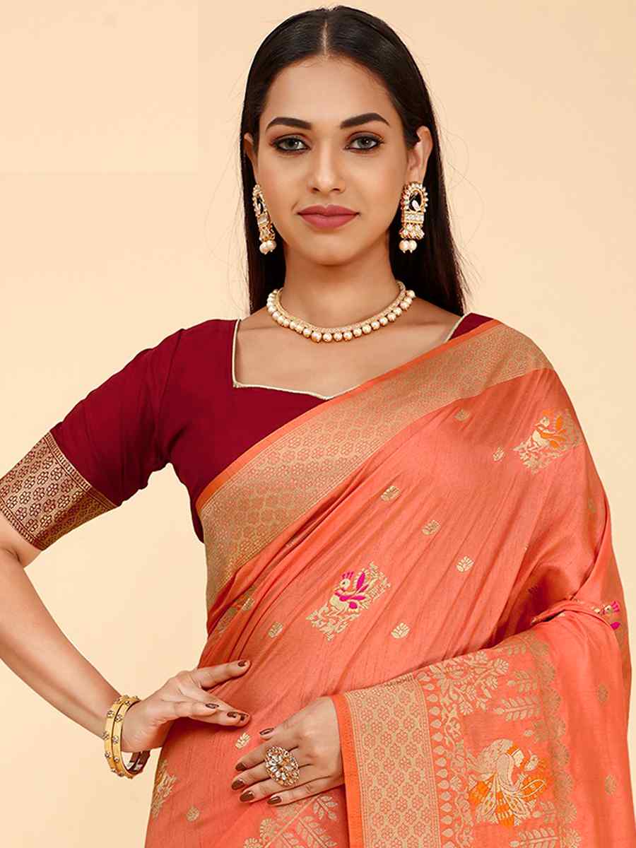 Orange Dola Silk Handwoven Wedding Festival Heavy Border Saree