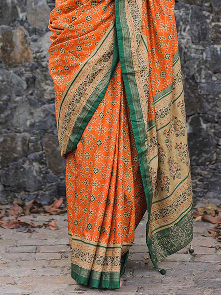 Orange Dola Silk Printed Casual Festival Classic Style Saree