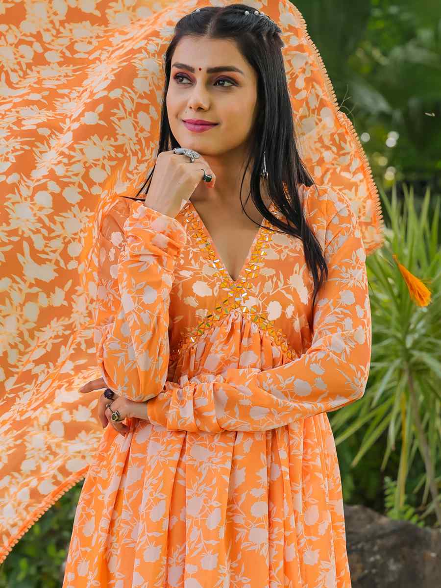 Orange Fancy Georgette Printed Festival Casual Gown