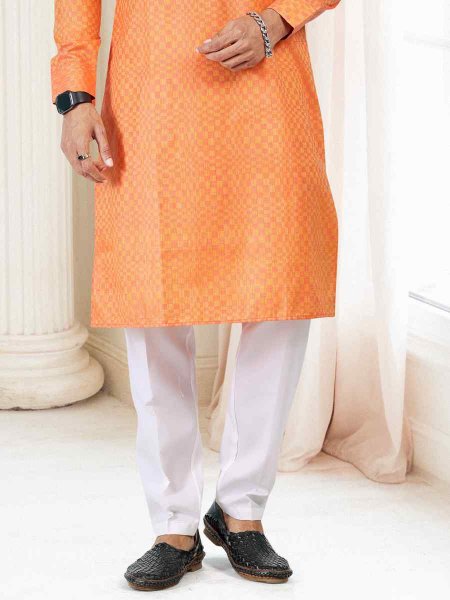 Orange Fancy Silk Woven Festival Casual Kurta