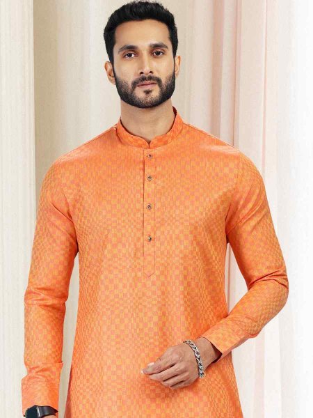 Orange Fancy Silk Woven Festival Casual Kurta