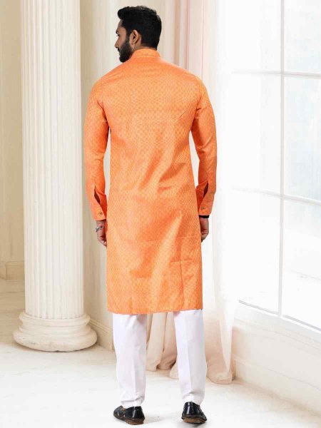 Orange Fancy Silk Woven Festival Casual Kurta