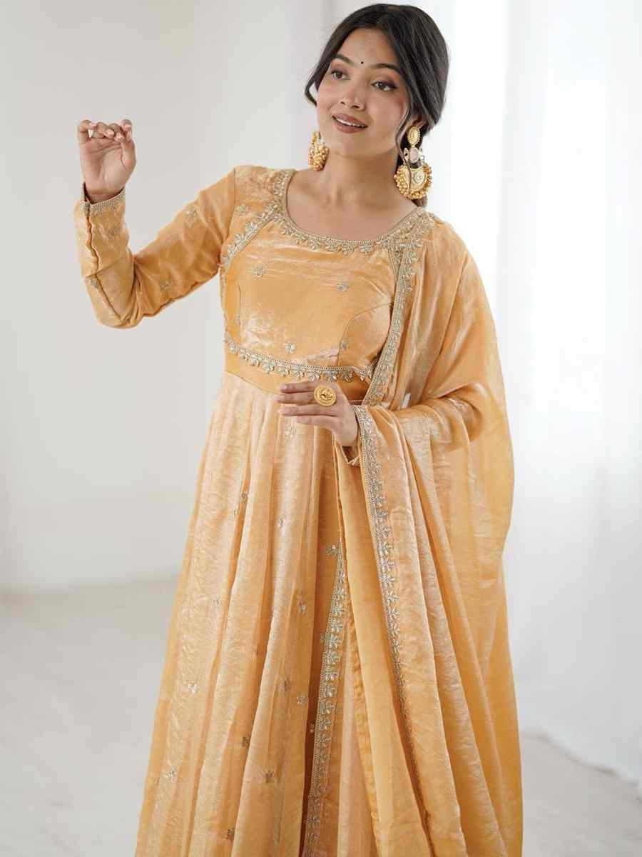 Orange Fandy Silk Embroidery Party Wedding Festival Casual Ready Anarkali Pant Salwar Kameez