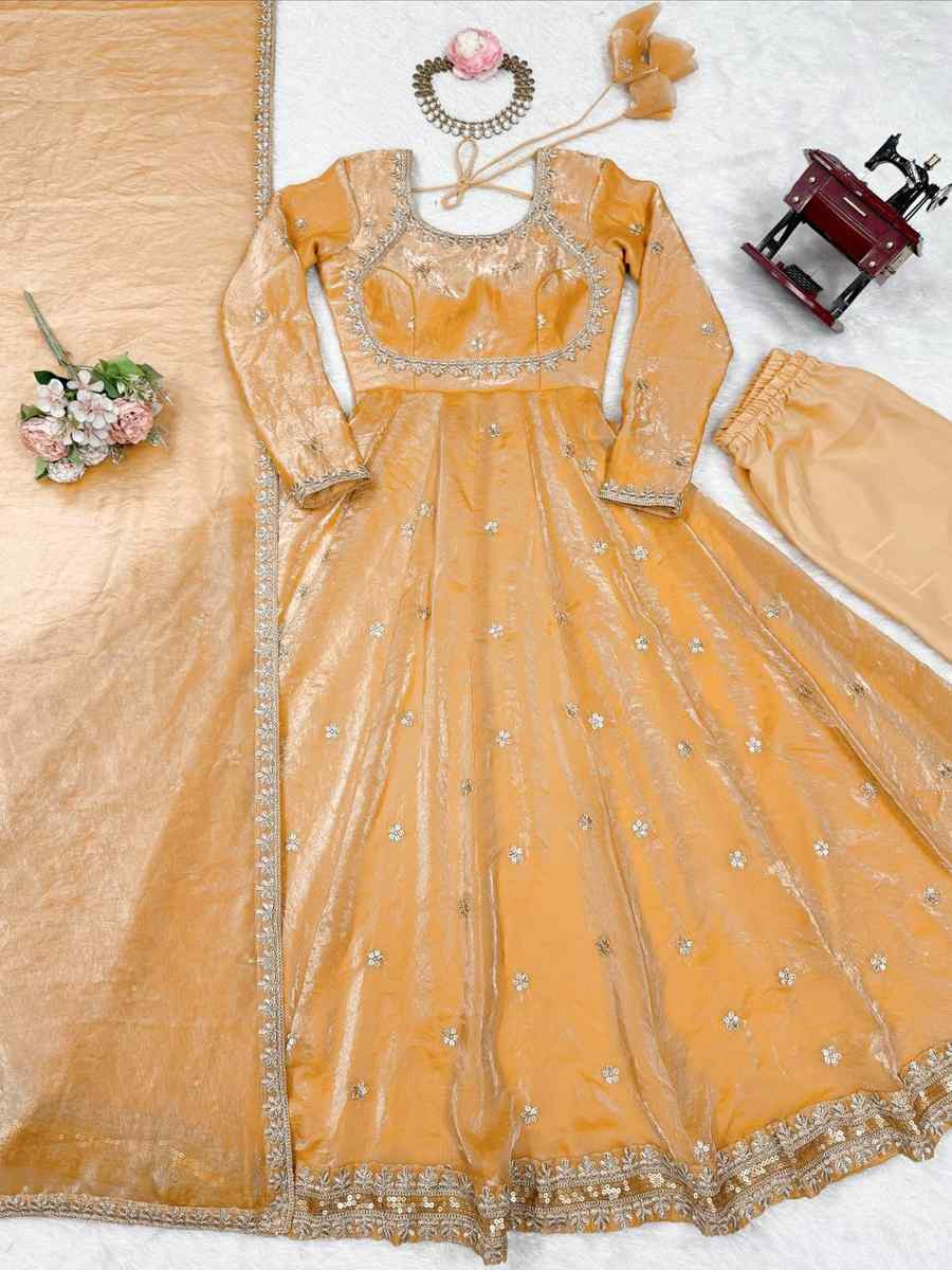 Orange Fandy Silk Embroidery Party Wedding Festival Casual Ready Anarkali Pant Salwar Kameez