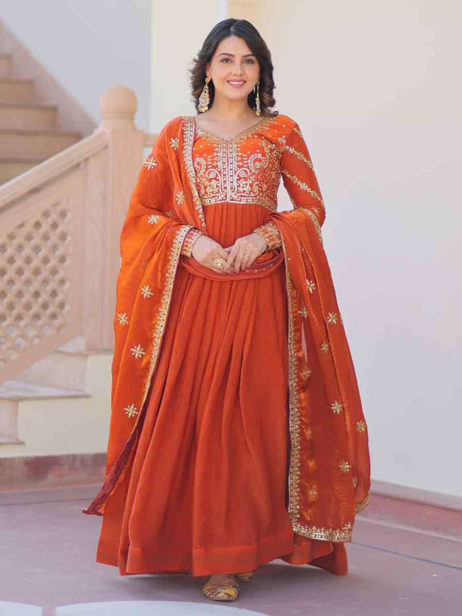 Orange Faux Blooming Georgette Embroidered Festival Casual Gown