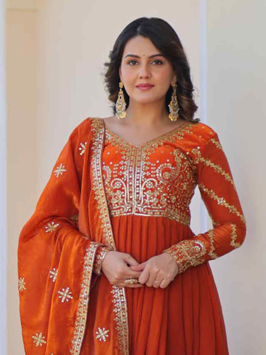 Orange Faux Blooming Georgette Embroidered Festival Casual Gown