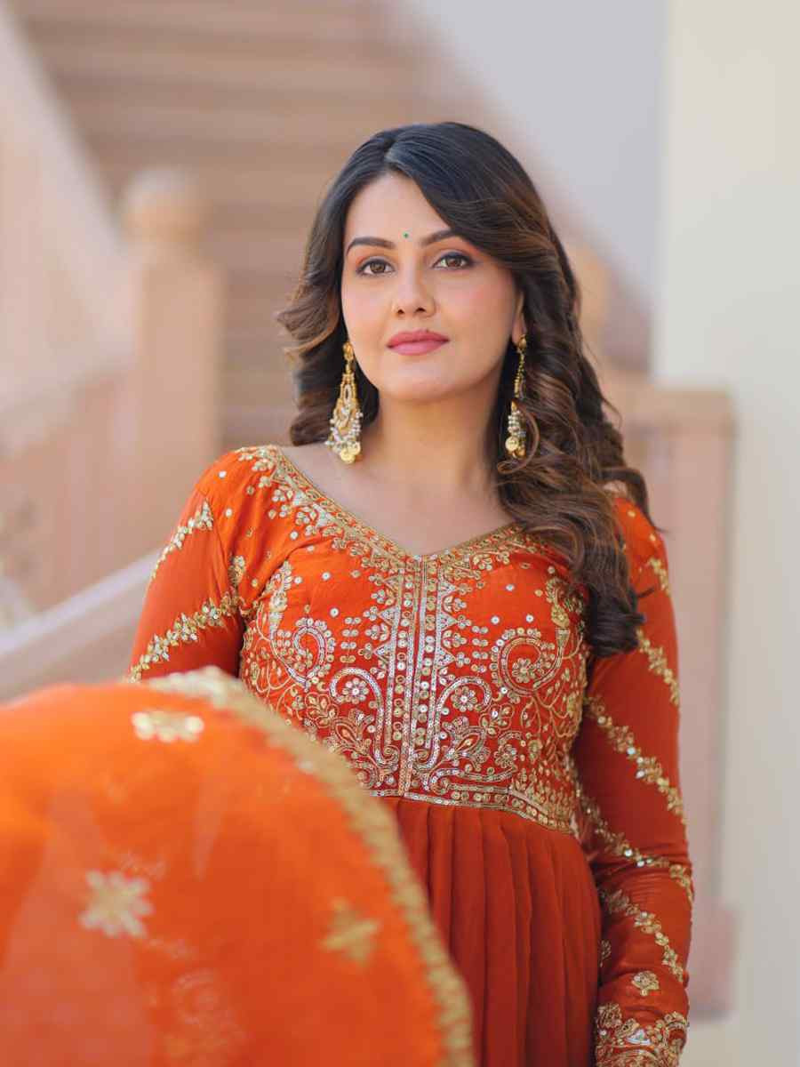Orange Faux Blooming Georgette Embroidered Festival Casual Gown